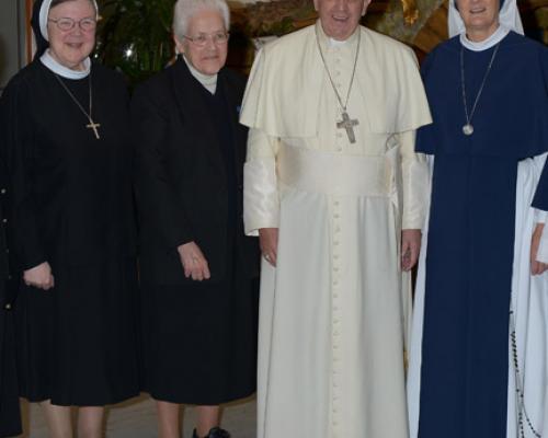 Mother M. Clare Millea, ASCJ; Sister Sharon Holland, IHM; Pope Francis; Mother Agnes Mary Donovan, SV prior to press conference