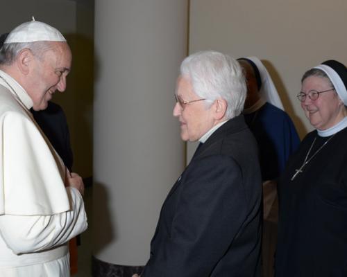 Sister Sharon Holland, IHM greets Pope Francis prior to press conference