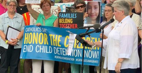 Sister Carol Zinn, SSJ addressing the crowd outside the Capitol